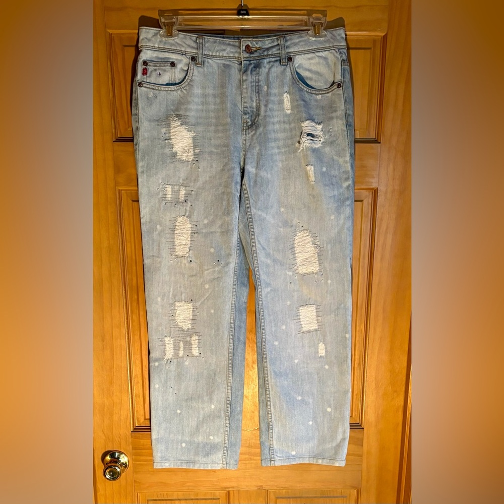 ⭐️SEVEN 7 Premium Denim Distressed Faded Polka Dots Bling & Bead Jeans Sz 14⭐️